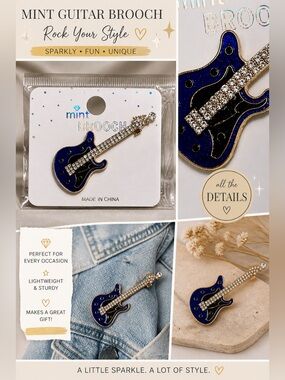 Blue Rhinestone Guitar Brooch Pin Gold Tone Sparkly Music Jewelry Cute Gift